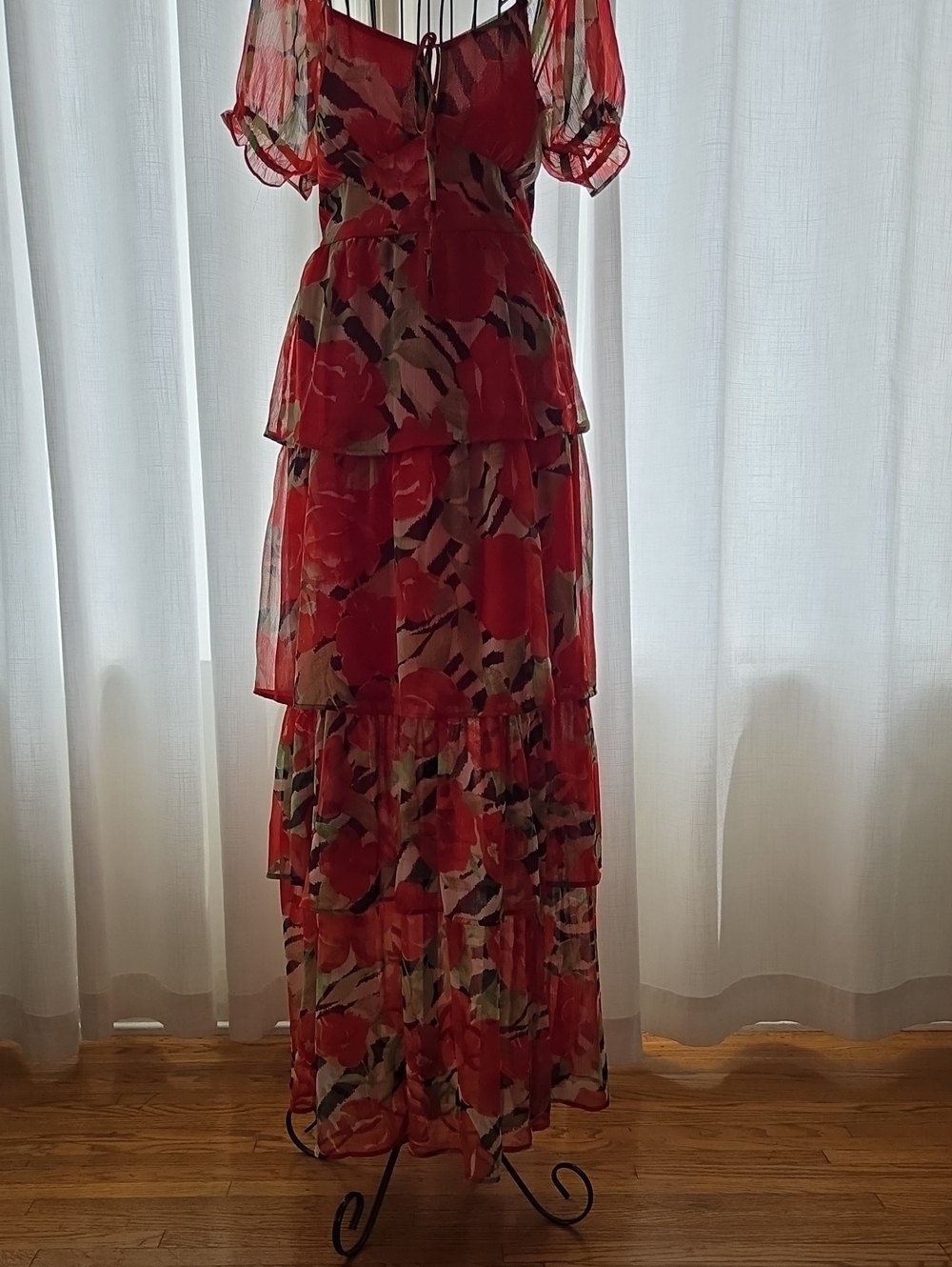 Miss Selfridge Red Floral Tiered Maxi Dress with Puff Sleeves